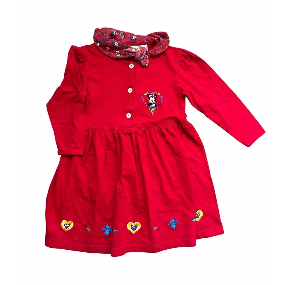 Vintage Disney Store Minnie Girls' Red Long Sleeve Dress Cotton Bandana Neck 6Y